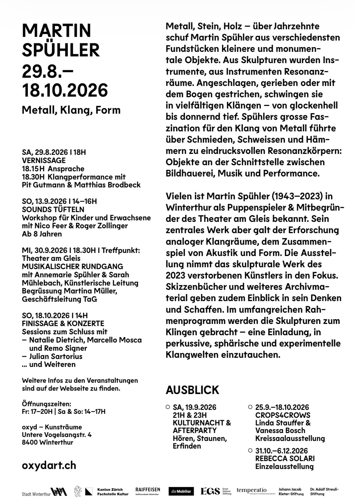 Rückseite des Ausstellungsplakats — Programm und Texte, oxyd Winterthur